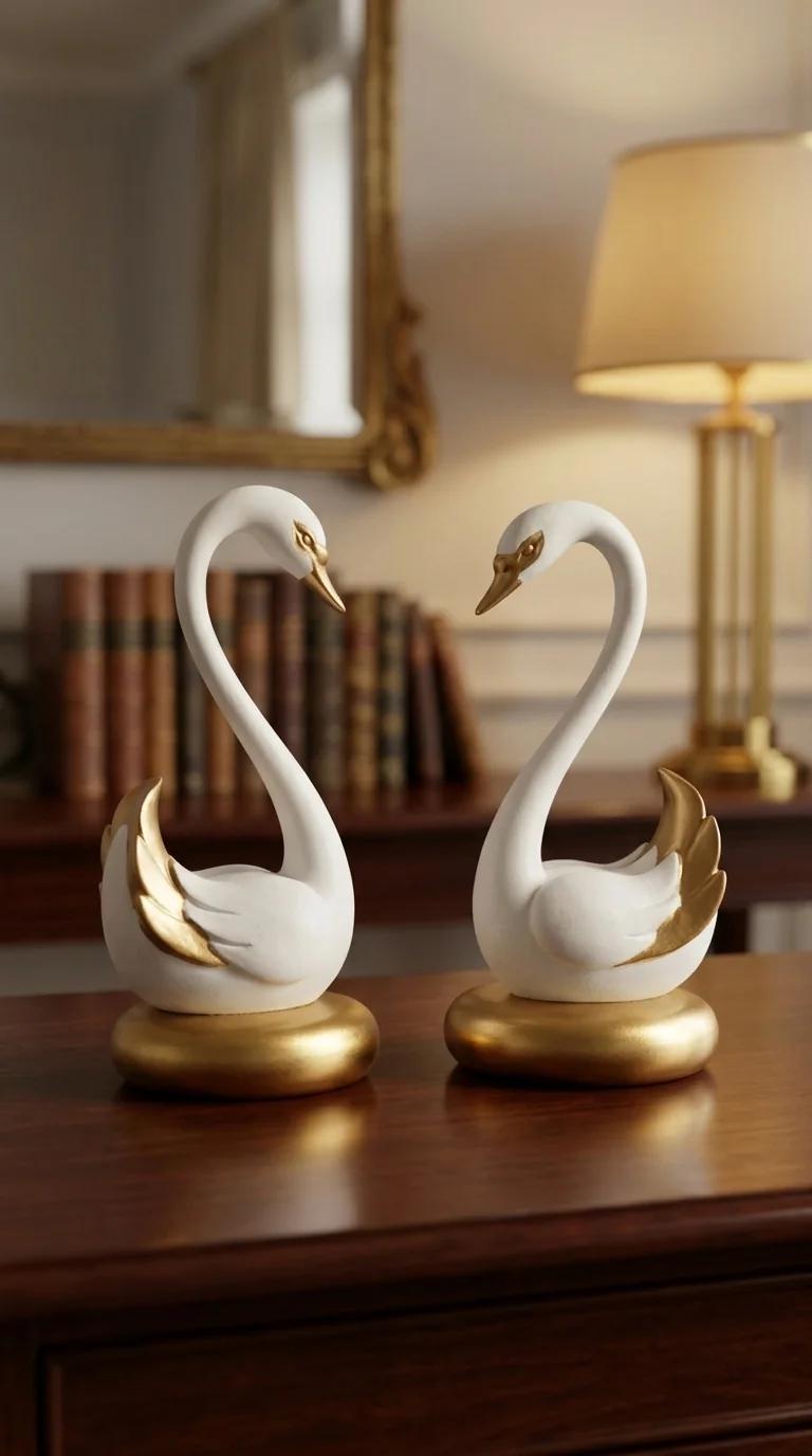 MH Decors Elegant White and Gold Swan Pair Figurine for Home and Office Decoration