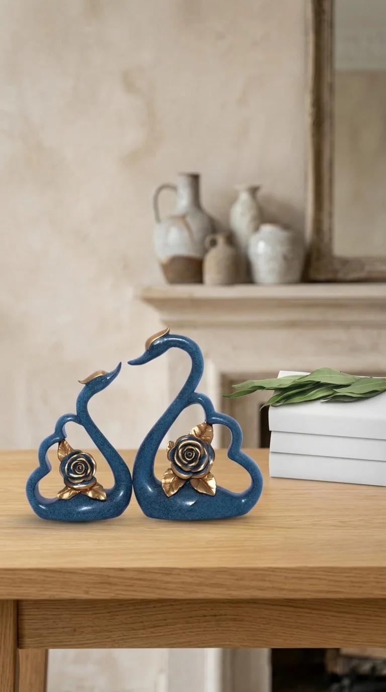 MH Decors Elegant Blue and Gold Swan Pair Figurine for Home and Office Decoration