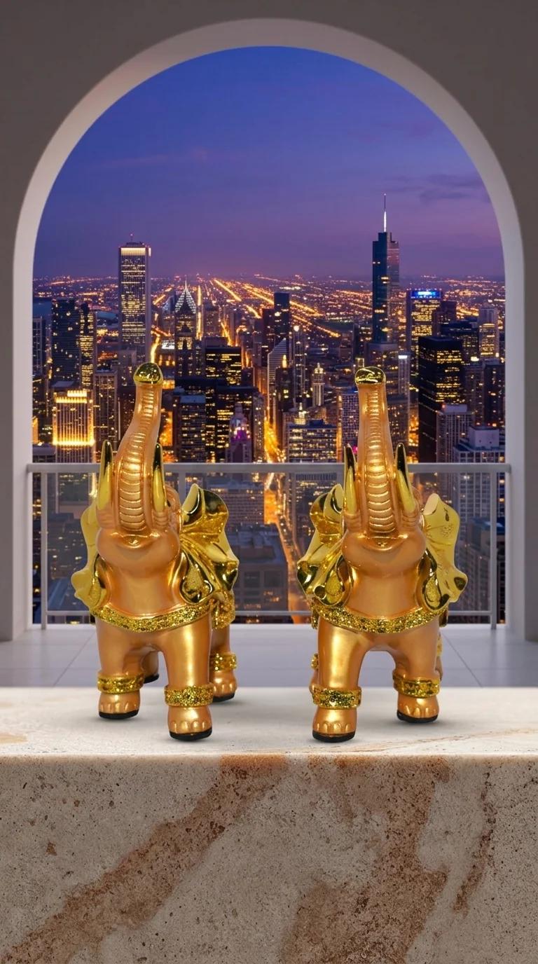 Value Gifts Decorative Golden Elephant Pair Statue for Home and Office Table
