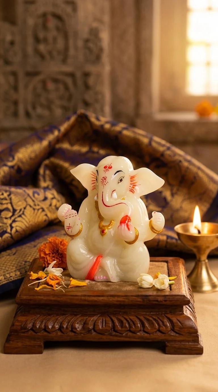 Value Gifts White Marble Lord Ganesha Idol for Car, Office & Home Decor