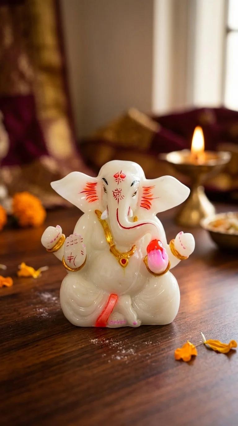 MH Decors Ganesh Idol White Marble for Car Dashboard and Living Room Decor