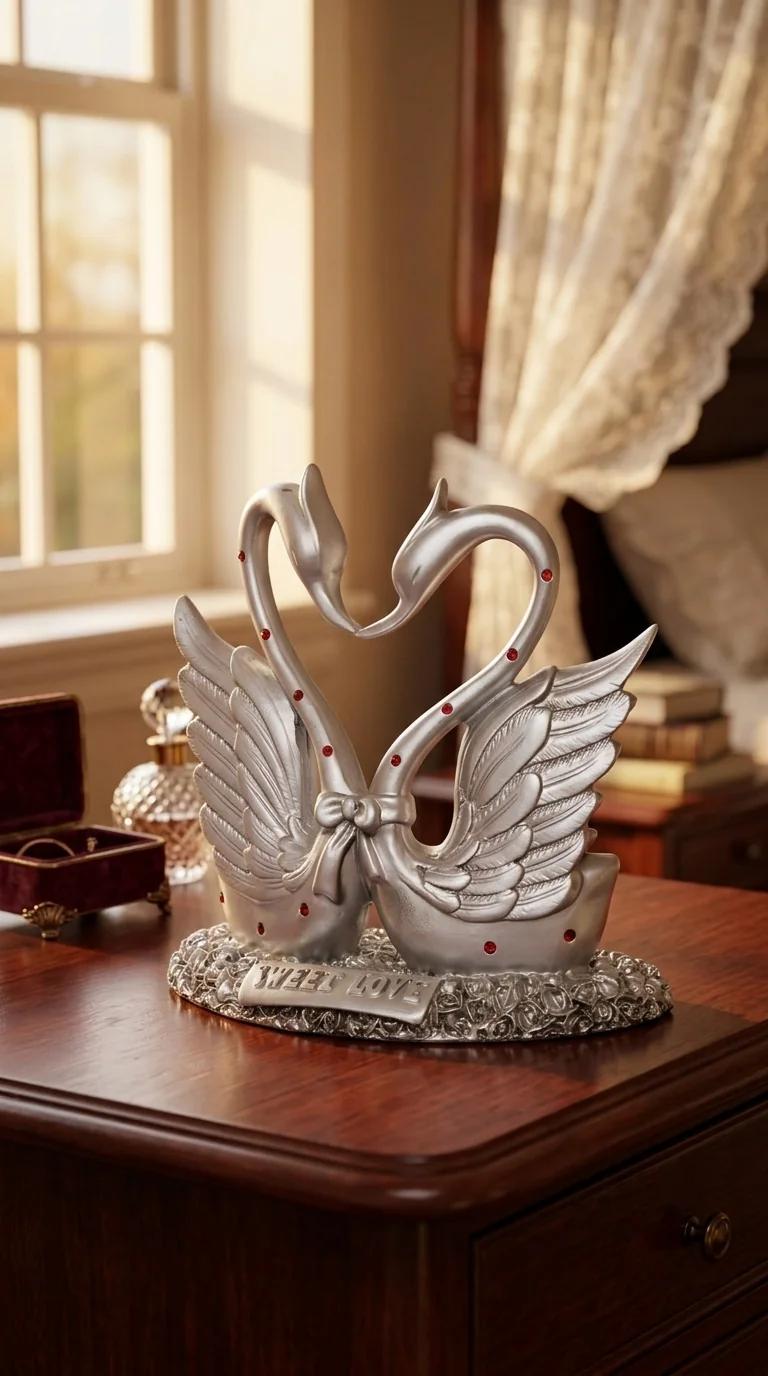 MH Decors Elegant Silver Plated Swan Figurines for Tabletop, Home, and Office Decor