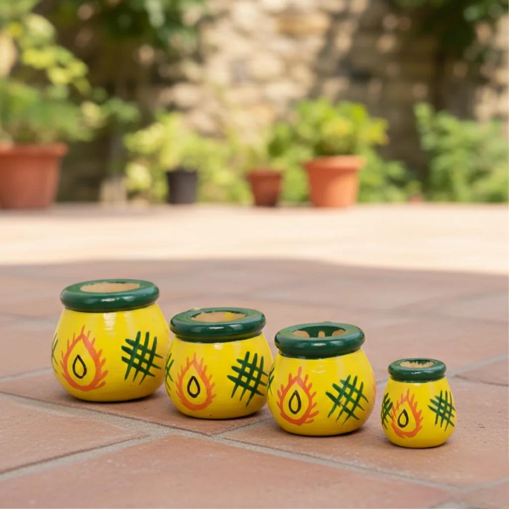 VPH Gift Store Kondapalli Wooden Yellow Matki Set of 4 Handcrafted Decorative Figurines