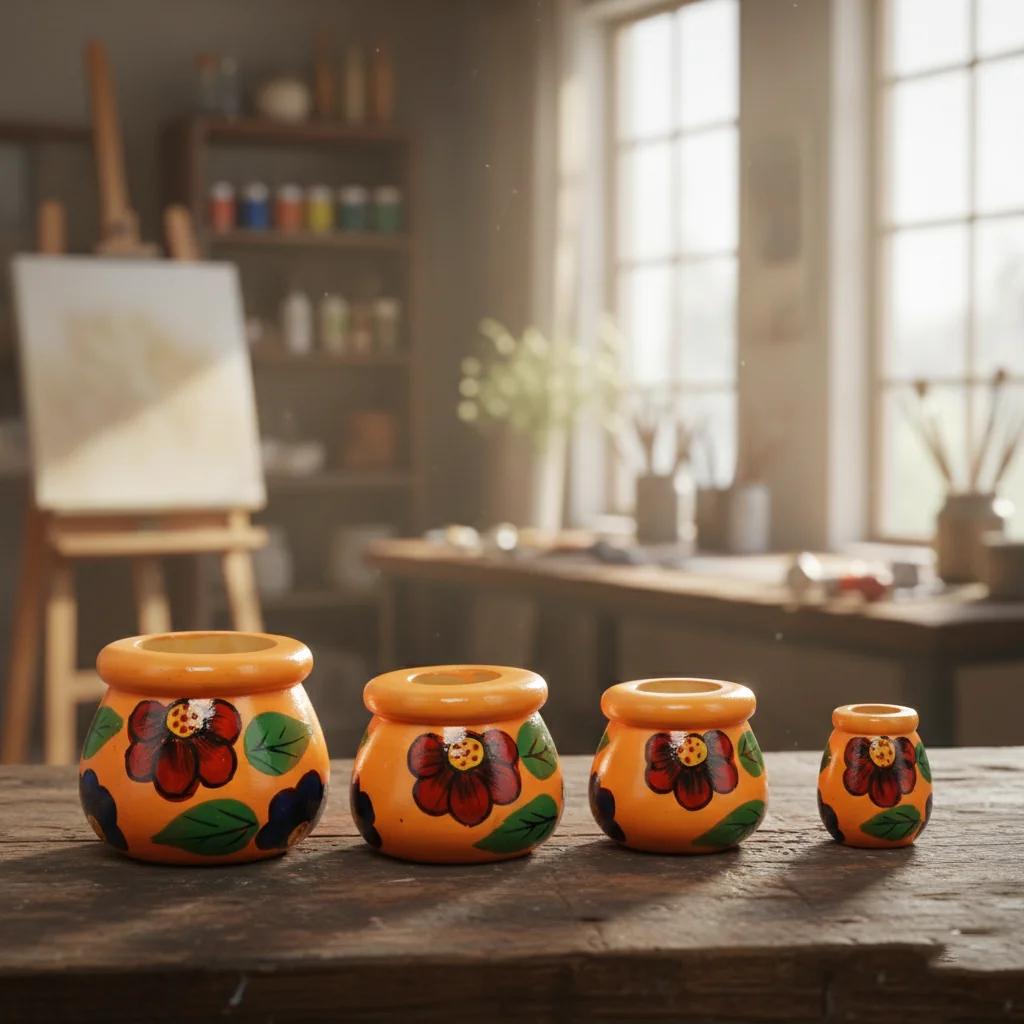 VPH Gift Store Handmade Kondapalli Wooden Matki Set of 4 Orange Home Decoration