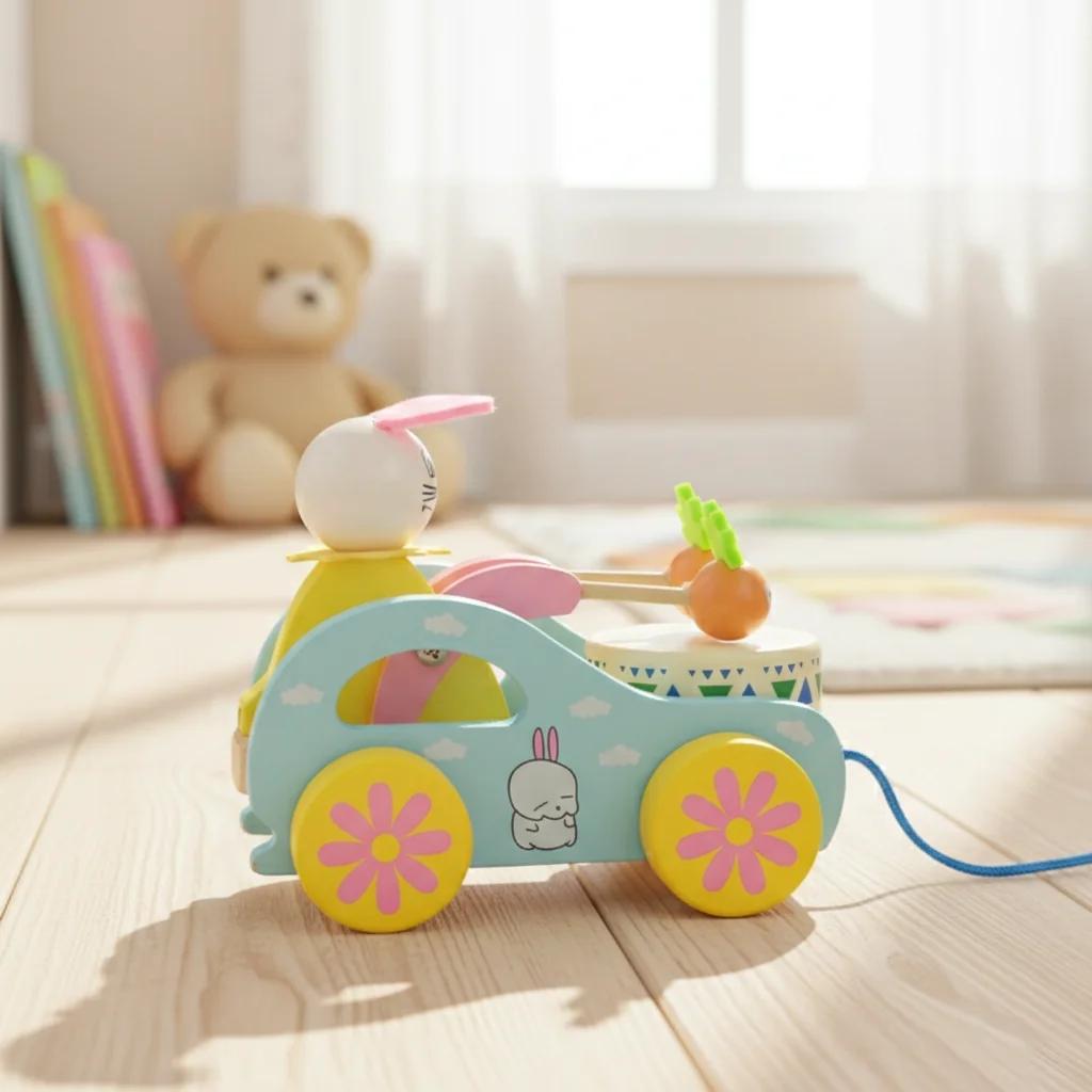 VPH Gift Store Kondapalli Wooden Pull Along Rabbit Drum Toy for Babies Early Walking