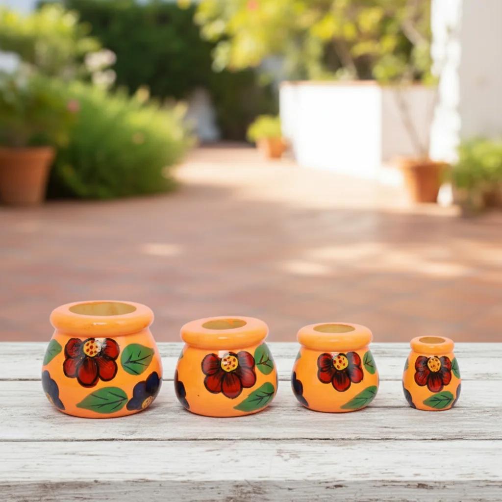 MH Decors Kondapalli Wooden Matki Set of 4 Orange for Home Decor