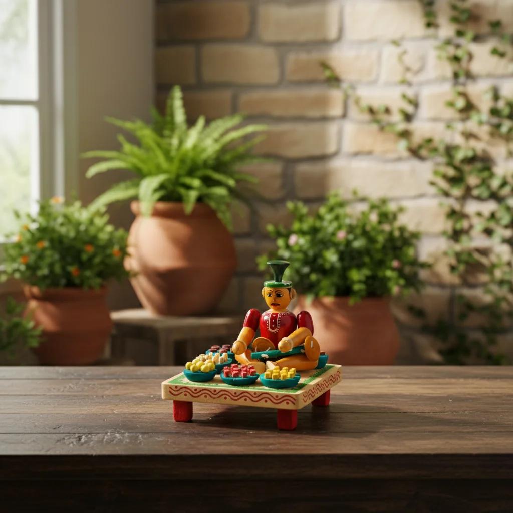 VPH Gift Store Kondapalli Wooden Village Sweet Seller Man Handcrafted Figurine for Home