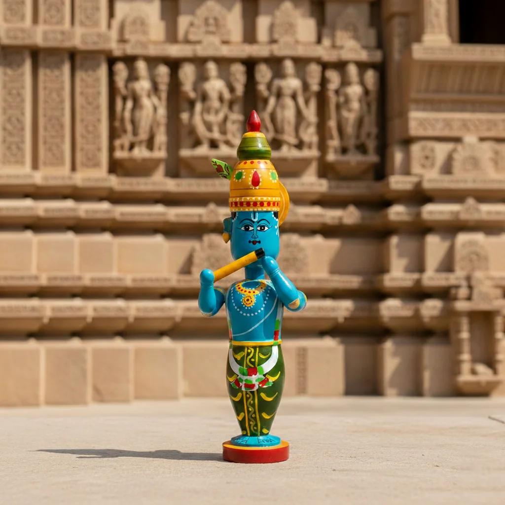 MH Decors Kondapalli Wooden Lord Krishna Decorative Idol Hand Painted for Home