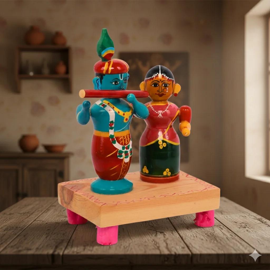 MH Decors Handcrafted Kondapalli Wooden Radha Krishna Decorative Showpiece for Home