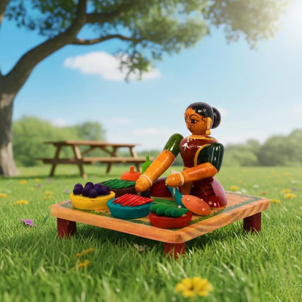 MH Decors Kondapalli Wooden Women Selling Vegetables Decorative Figurines Hand Made