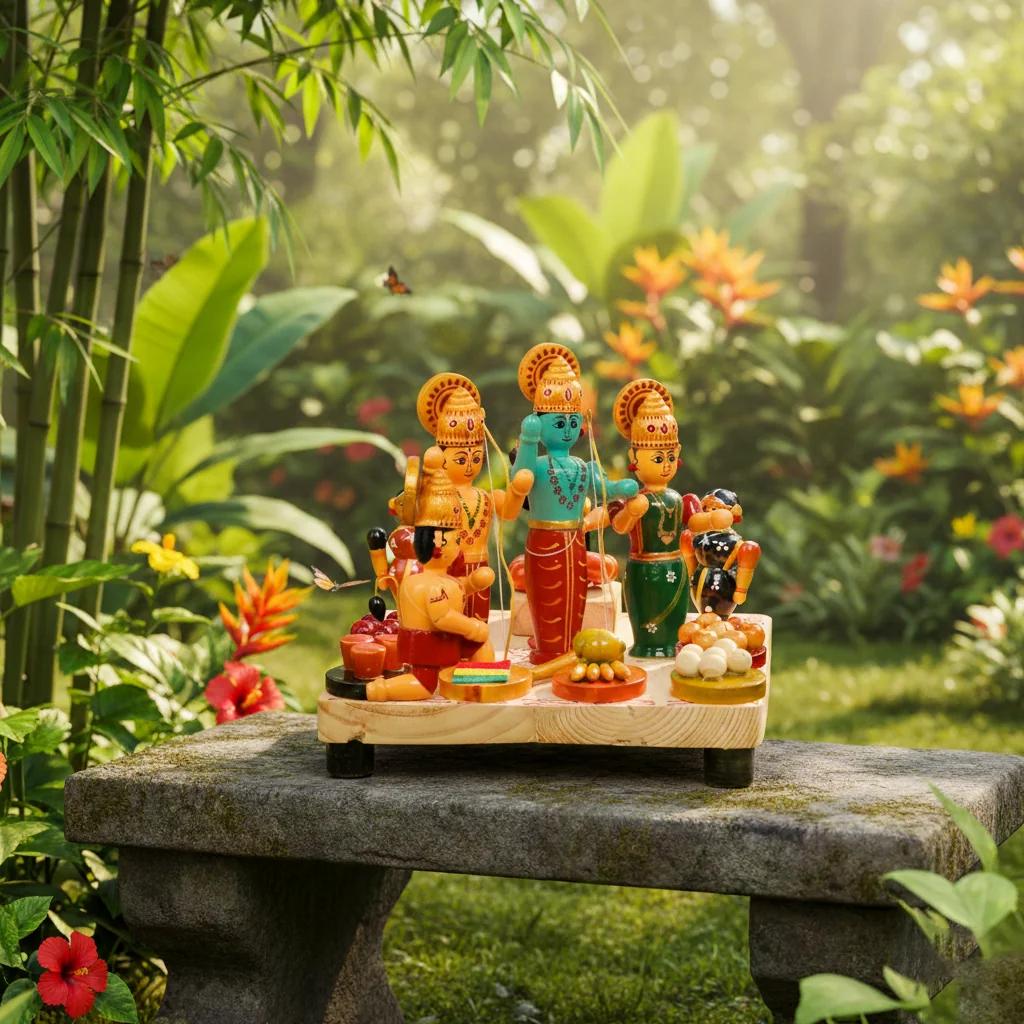 MH Decors Kondapalli Wooden Lord Rama Sita Lakshmana Hanuman Decorative Showpiece Set