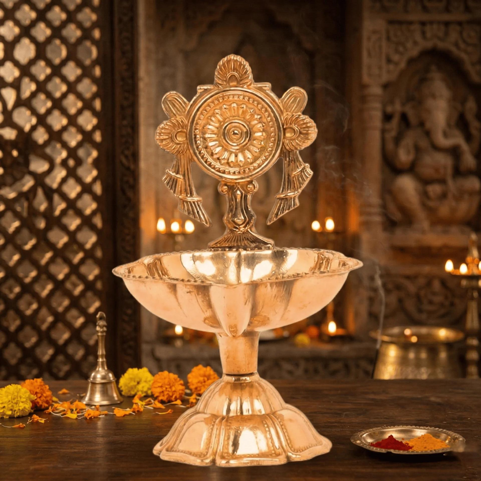 MH Decors Pooja Essentials Brass Shankh Chakra Diya Set for Temple and Home