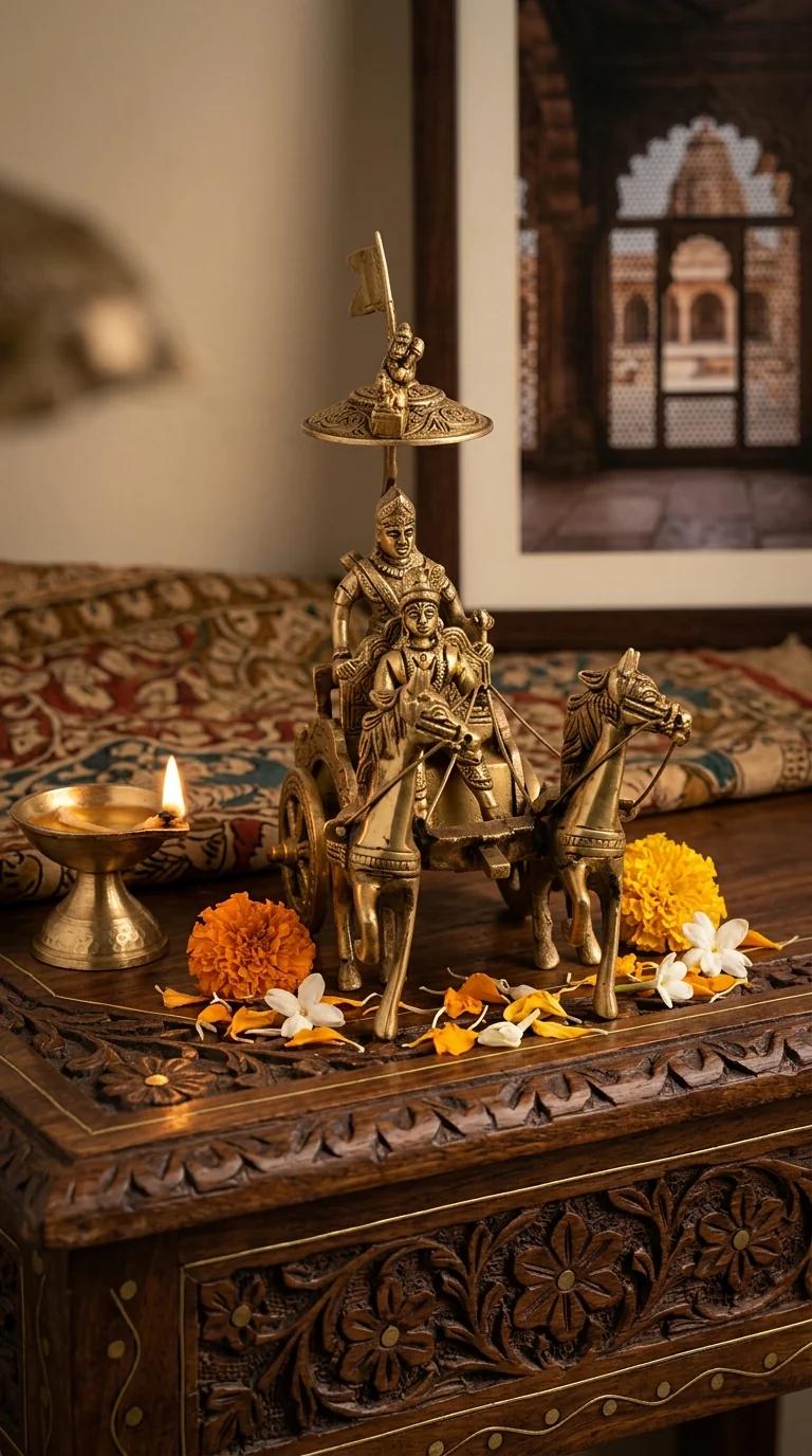 MH Decors Brass Krishna Arjuna Kurukshetra War Scene Statue for Home Display