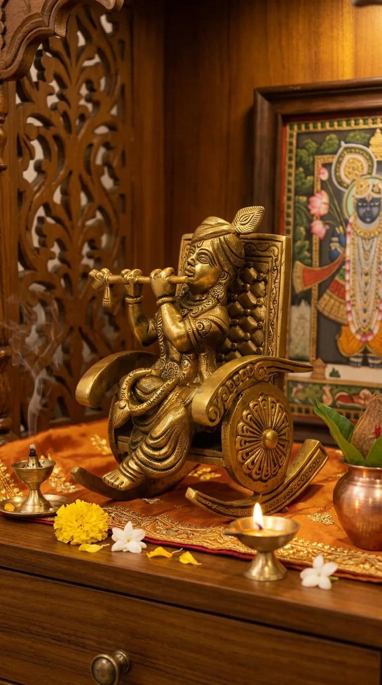 MH Decors Brass Krishna Seated on Throne Figurine Handcrafted for Pooja and Home