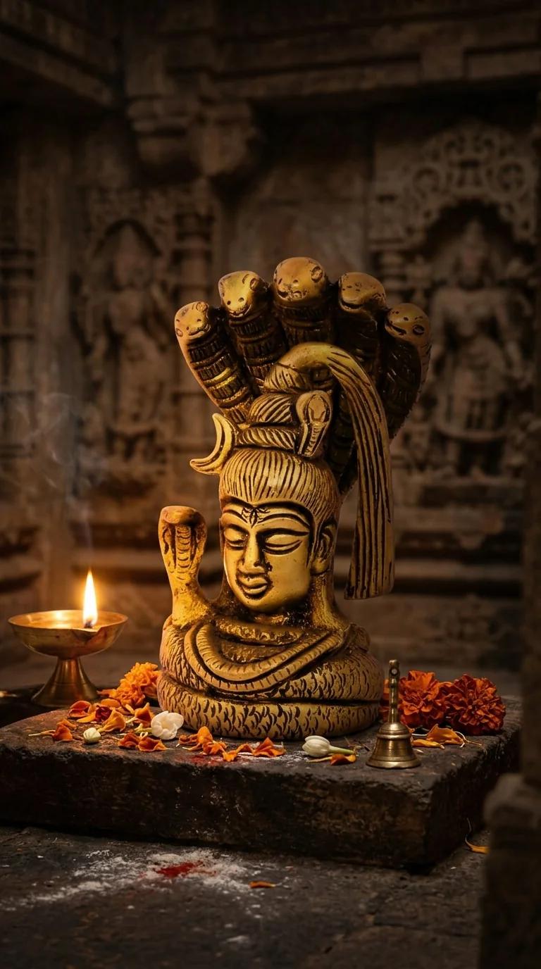 MH Decors Handmade Brass Shiva Face with Sheshnaag Idol for Home and Spiritual Spaces