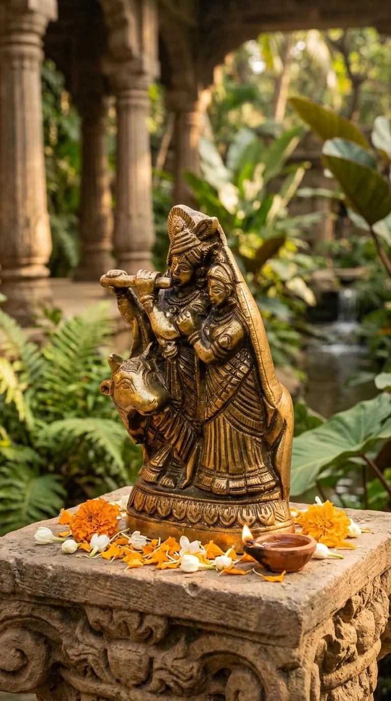 MH Decors Elegant Brass Radha Krishna with Cow Idol for Spiritual Home Decor