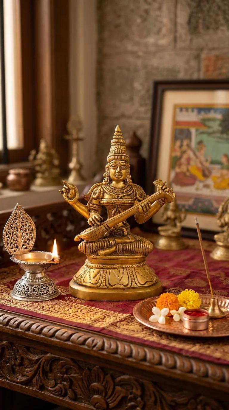 MH Decors Decorative Brass Saraswati Figurine for Desk and Home Display