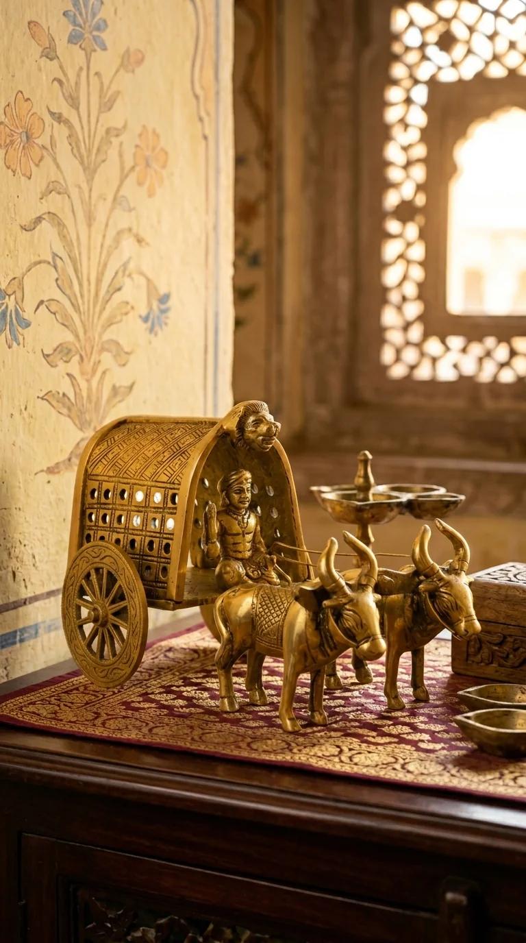 MH Decors Brass Traditional Bullock Cart Figurine for Desk and Home Display
