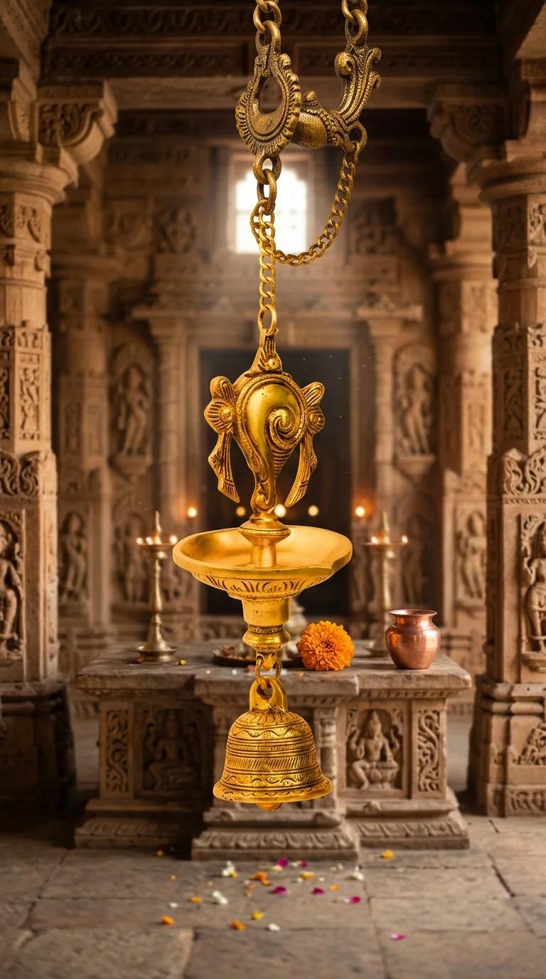 MH Decors Brass Shanku Chakra Hanging Diya with Bells for Temple and Pooja Room
