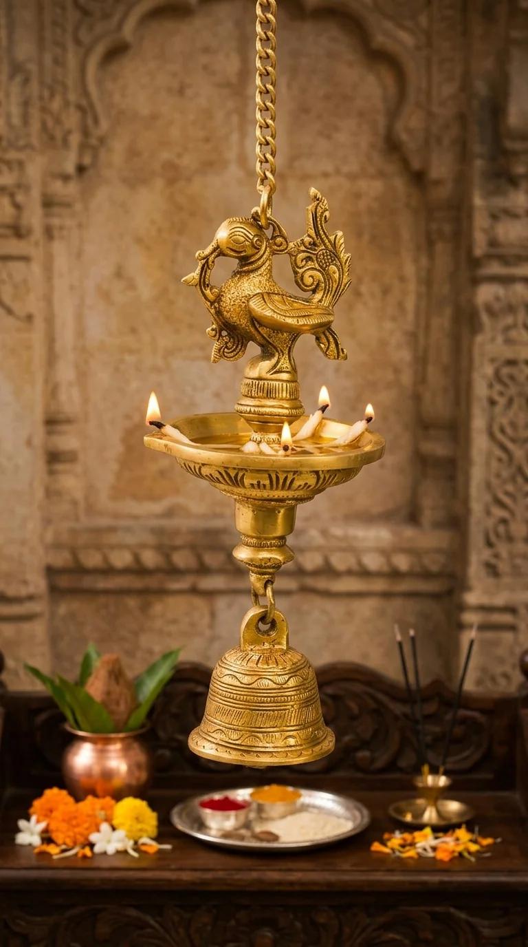 MH Decors Elegant Brass Peacock Wall Hanging Diya with Bell for Home and Office