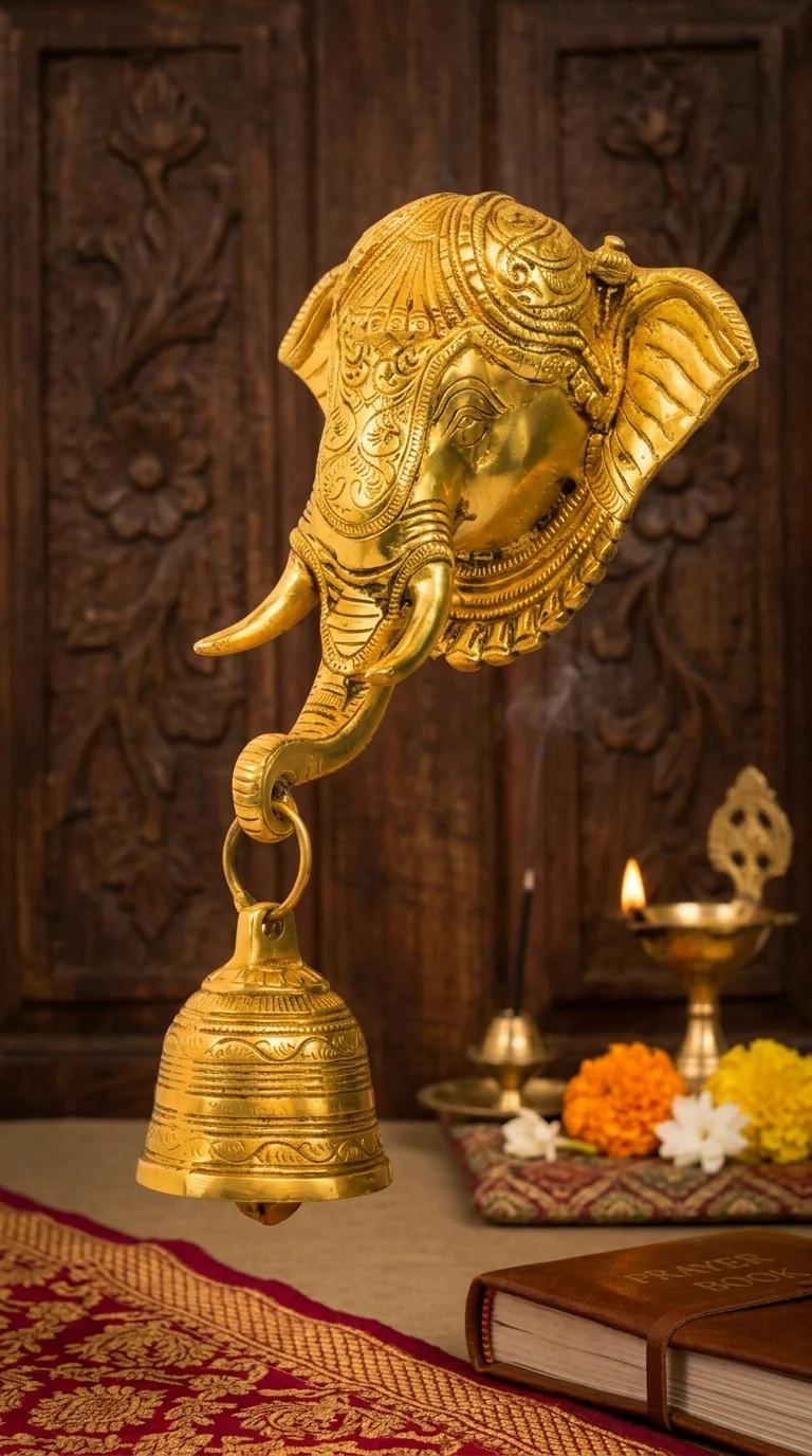 MH Decors Handcrafted Brass Ganesha Face Wall Hanging with Bell for Home and Temple
