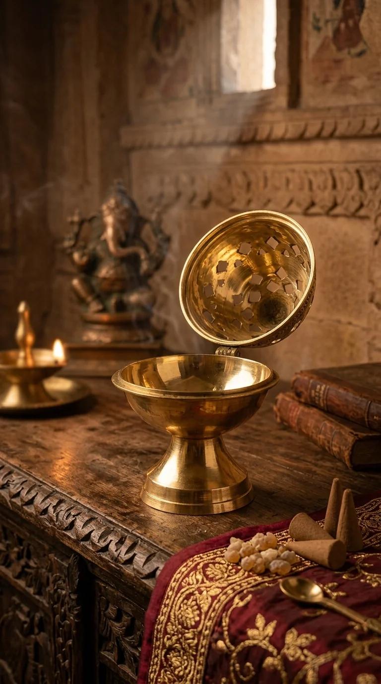MH Decors Decorative Brass Incense Holder Dhoop Dani with Handle for Home Altar
