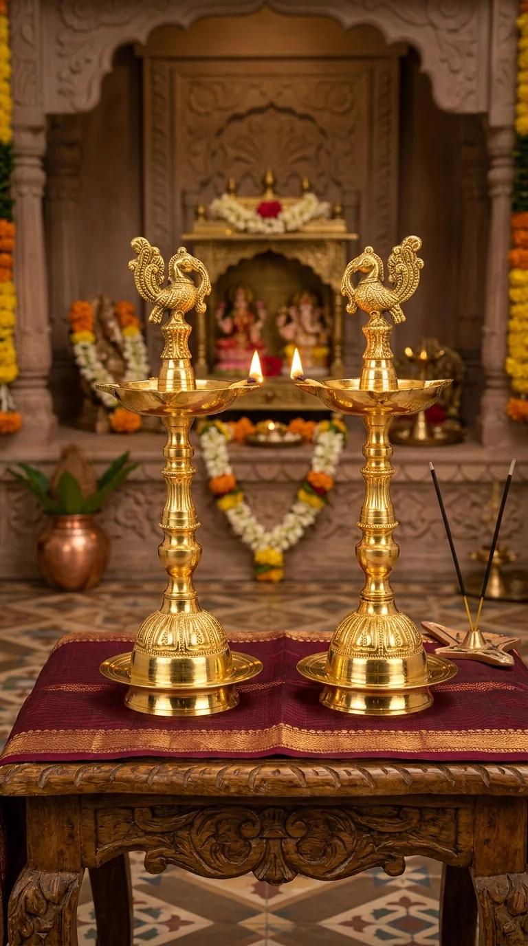 MH Decors Brass Medium Peacock Diyas Set of 2 for Temple and Home Altar Decoration