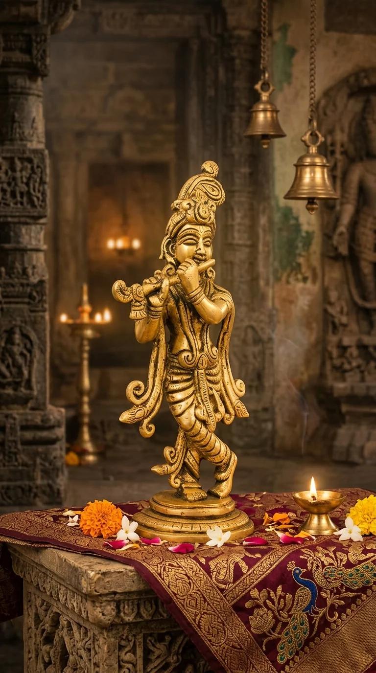 MH Decors Elegant Brass Krishna Idol for Spiritual Home Decoration and Pooja Room