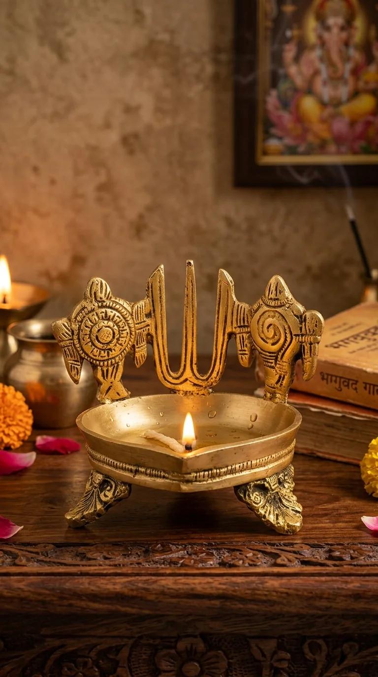 MH Decors Handcrafted Brass Shanku Chakra Namam Oil Lamp for Pooja Room