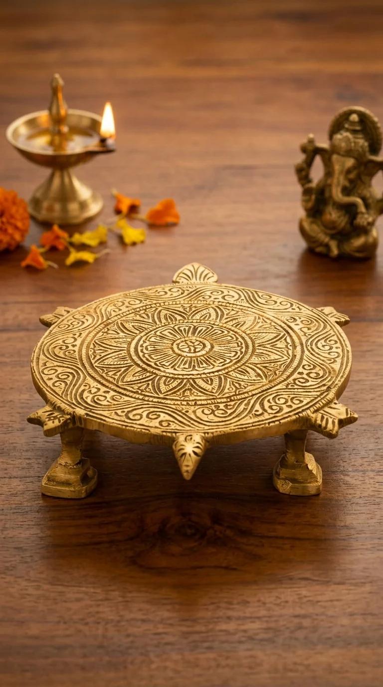 MH Decors Handcrafted Brass Turtle Chowki for Spiritual Home Decor and Pooja