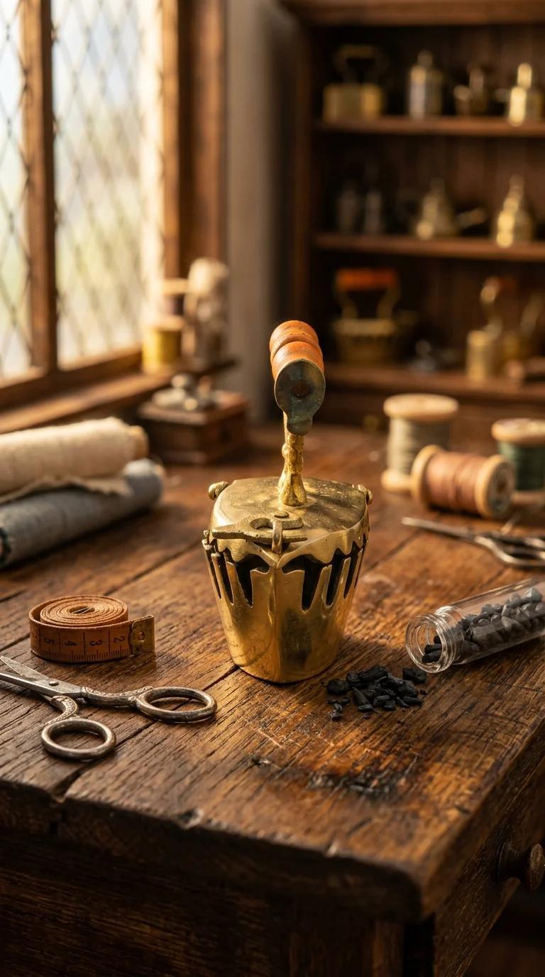 MH Decors Brass Charcoal Iron Press Toy with Wooden Handle for Home Table Decoration