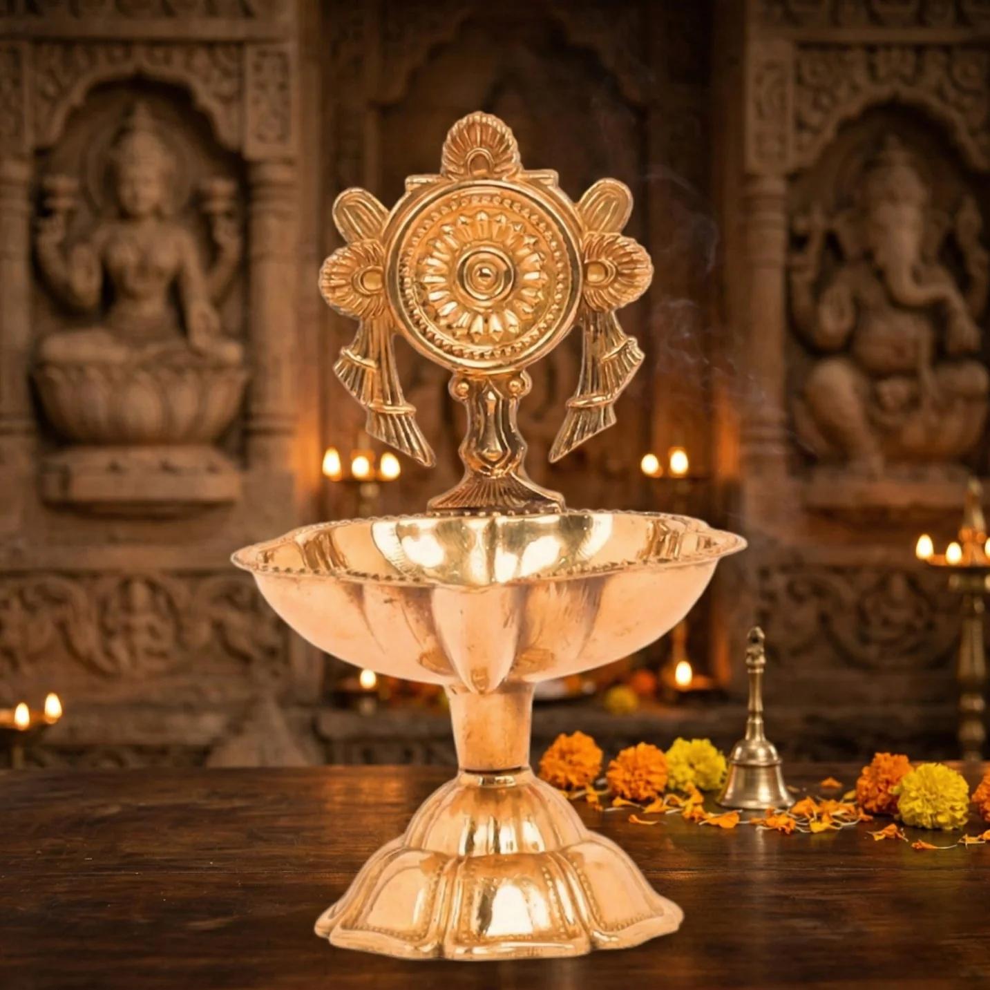 Value Gifts Traditional Brass Shankh Chakra Diya Set for Home Pooja