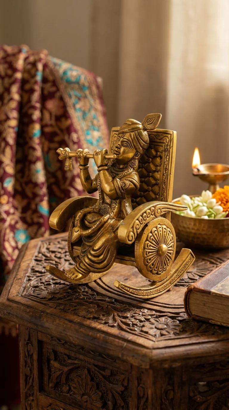 Value Gifts Decorative Brass Krishna Idol Seated on Chair for Temple and Living Room