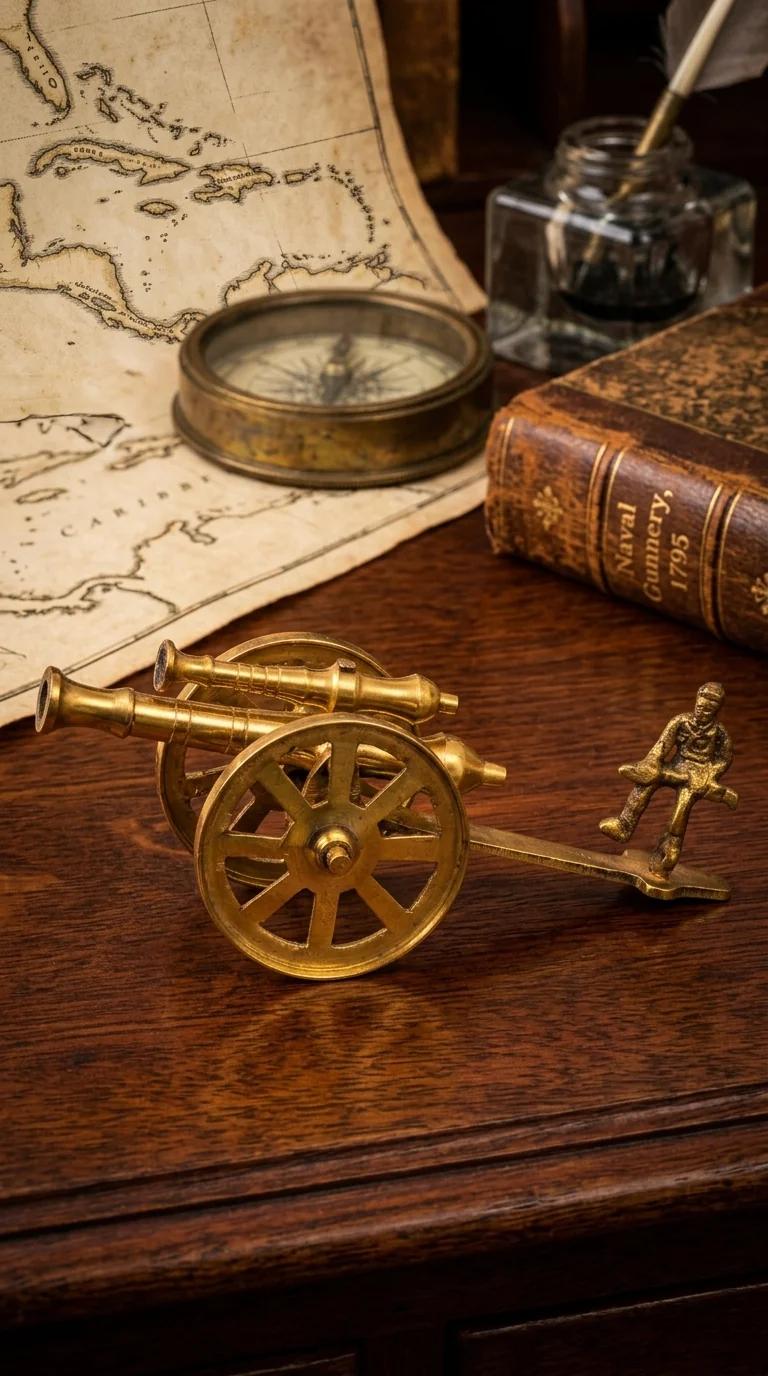 Value Gifts Brass Cannon Ball Fire with Soldier Figurine Handcrafted Desk Showpiece