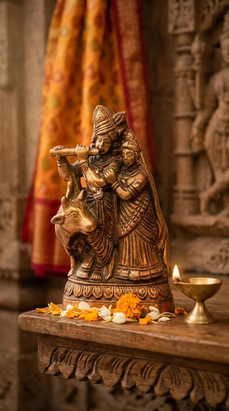 Value Gifts Brass Radha Krishna Cow Idol for Pooja and Home Decoration