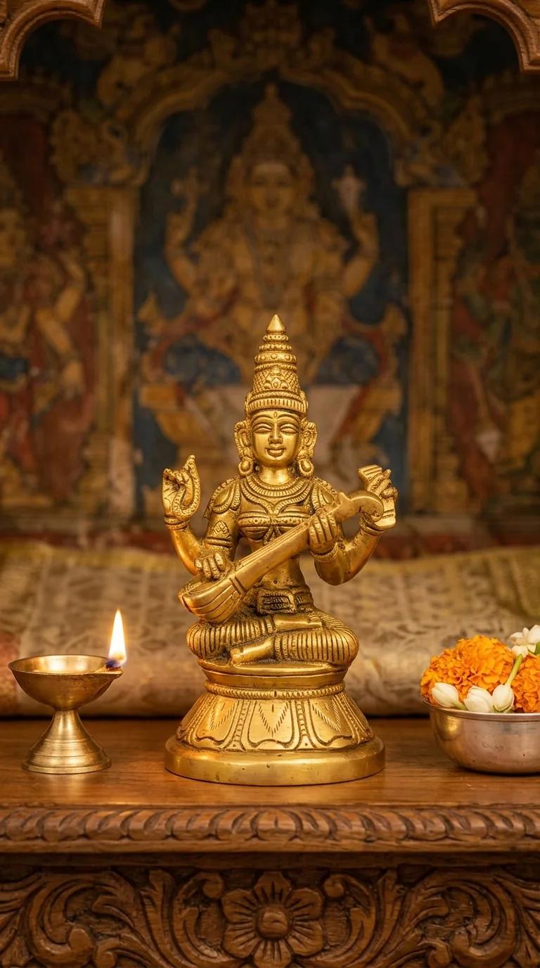 Value Gifts Handcrafted Brass Goddess Saraswati Figurine for Pooja Room and Desk