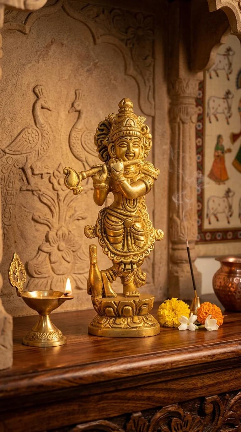 Value Gifts Brass Krishna Idol with Flute for Pooja Room, Table, and Shelf