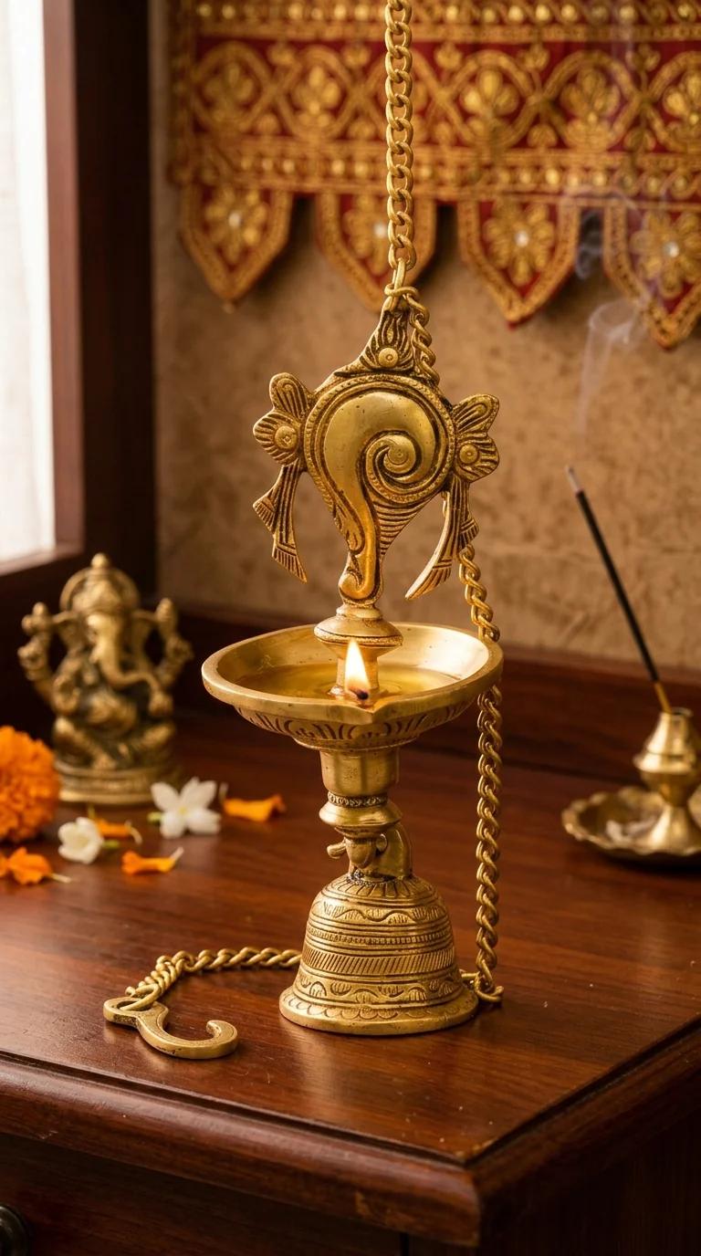Value Gifts Brass Shanku Chakra Hanging Diya with Bells for Living Room and Pooja