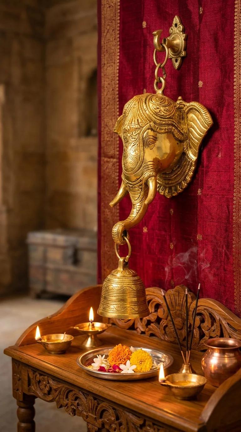 Value Gifts Brass Ganesha Face Hanging with Bell for Entrance, Wall, and Pooja Room