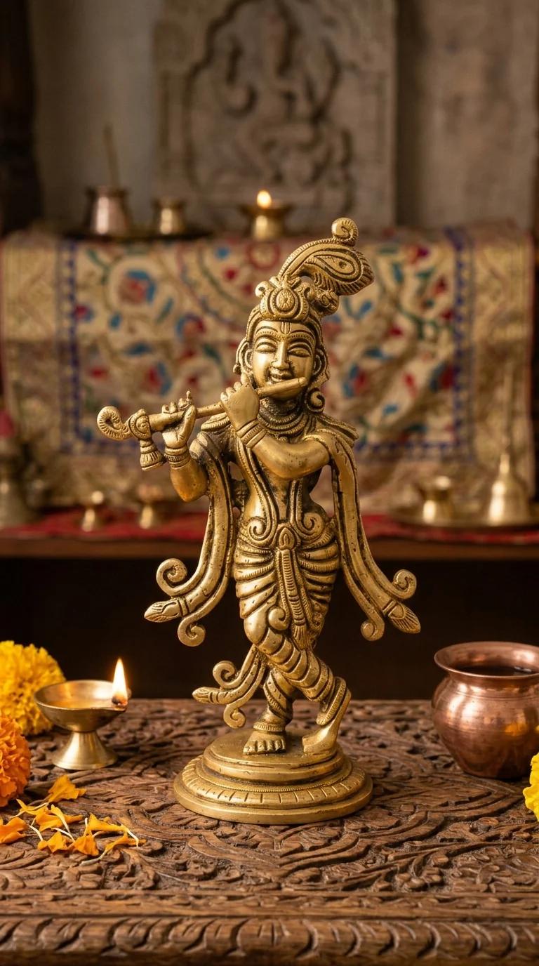 Value Gifts Traditional Brass Krishna Figurine for Spiritual Home Decoration