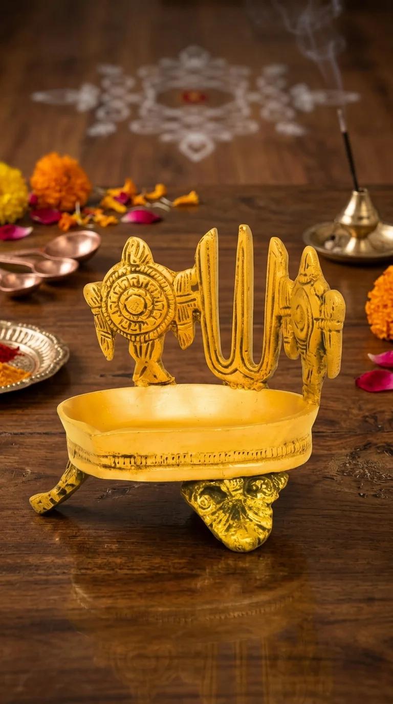 Value Gifts Traditional Brass Shanku Chakra Namam Diya for Home, Temple, and Office Decor
