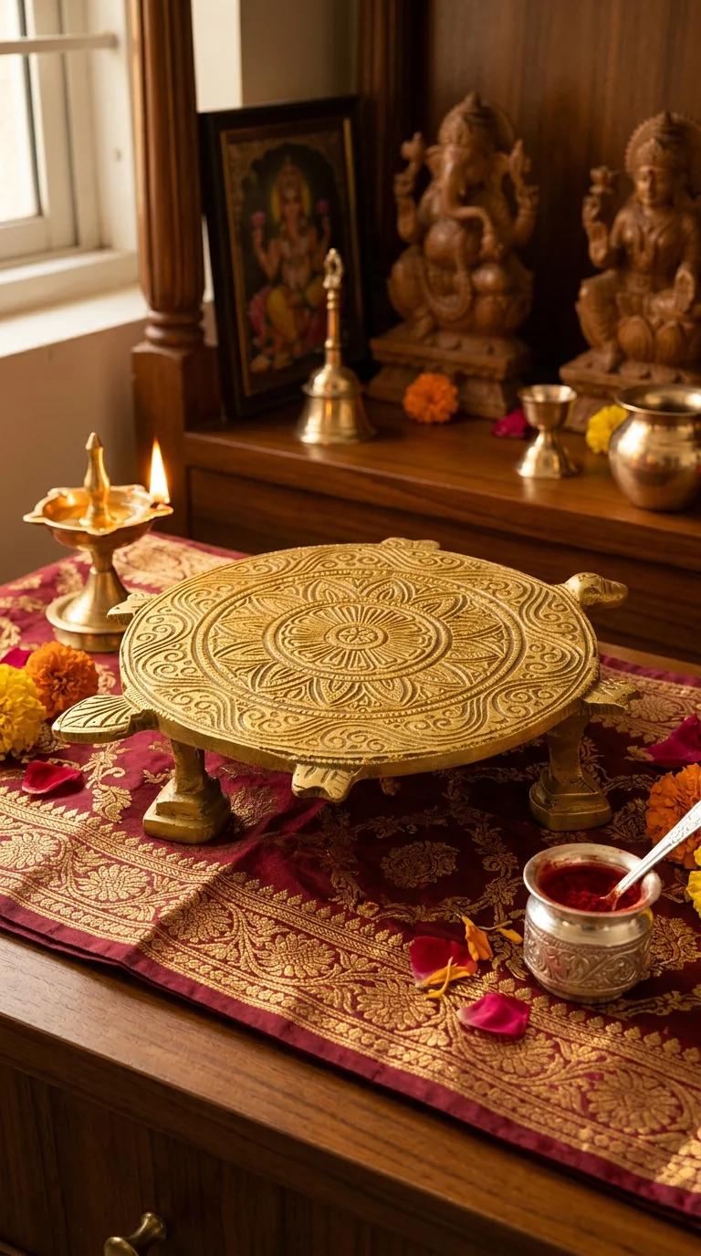 Value Gifts Traditional Brass Carved Turtle Chowki for Spiritual Home Decoration