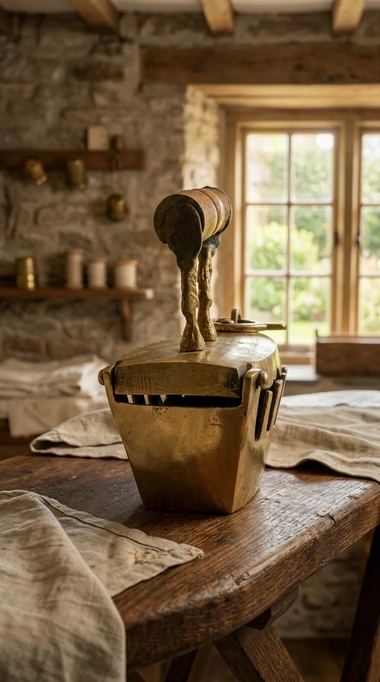 Value Gifts Brass Charcoal Iron Press with Wooden Handle for Shelf and Desk Decor