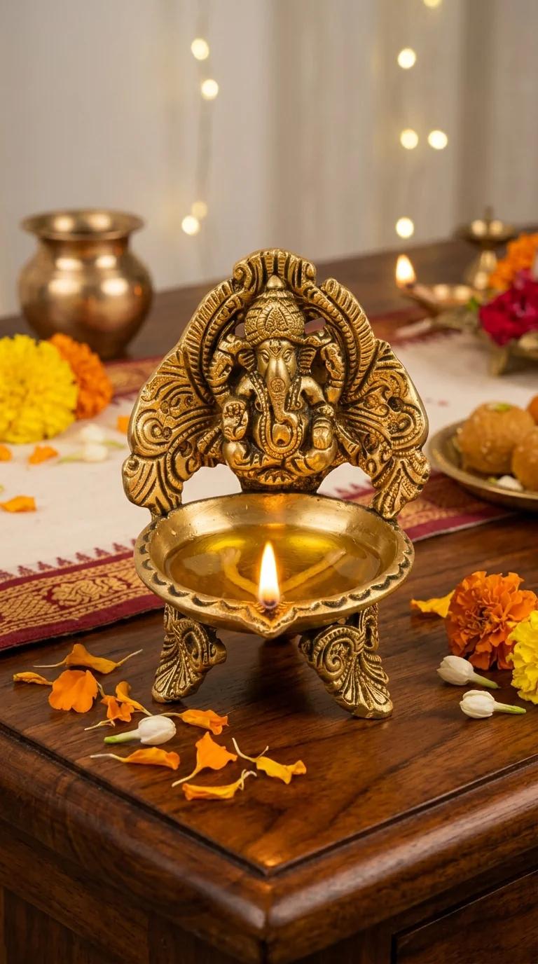 Value Gifts Brass Ganapathi Diya for Tabletop, Temple, and Home Decor