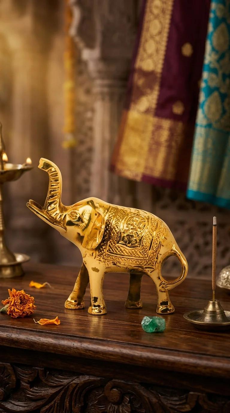 Value Gifts Brass Elephant Figurine Trunk Up for Spiritual Home and Temple Decor