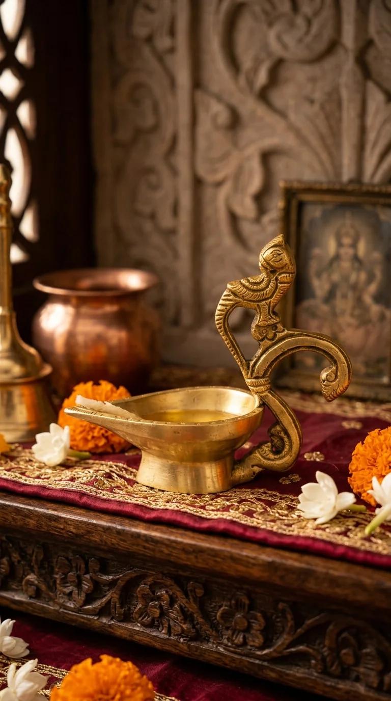 MH Decors Elegant Brass Peacock Handle Oil Lamp for Home Pooja and Temple Decor