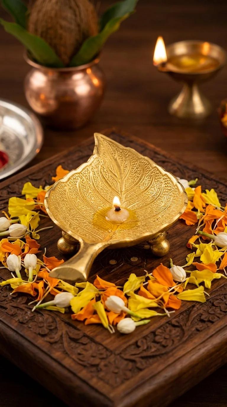 MH Decors Decorative Brass Gold Leaf Tray for Living Room and Temple Display