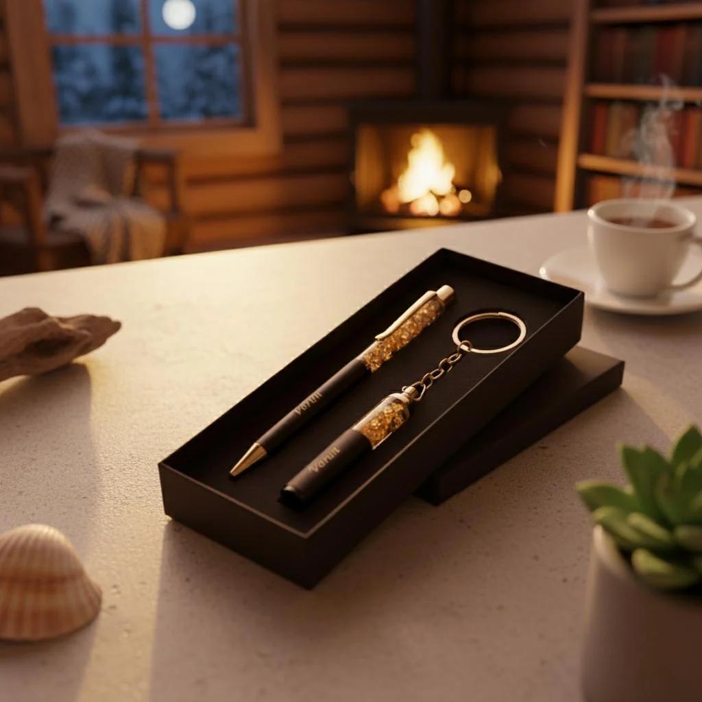 Zpics Gold Flake Pen and Keychain Combo Gift Set
