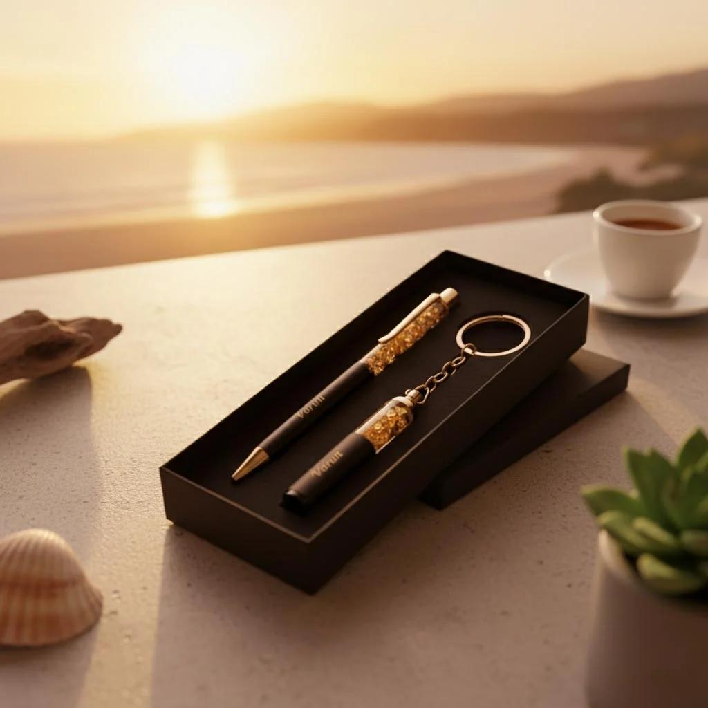 MH Decors Luxury Personalized Gift Set – Gold Flake Pen & Keychain