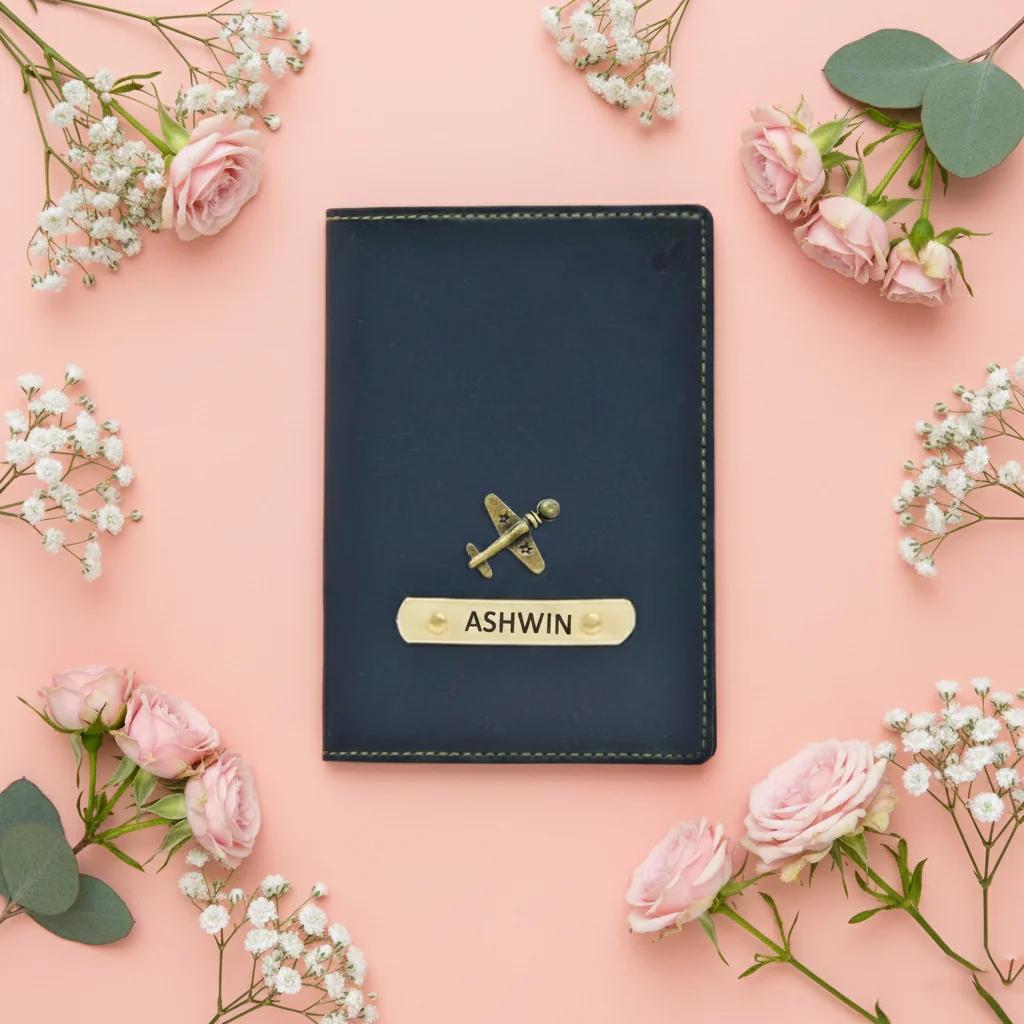 MH Decors Customizable Blue Passport Holder – Name Engraving with Charm
